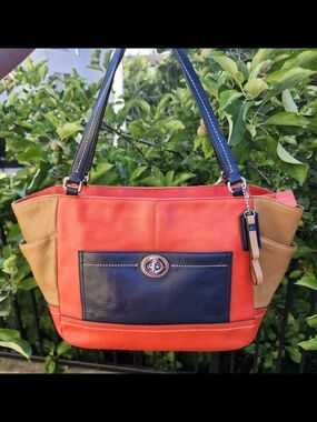 Coach Park Carrie Shoulder Bag Tote In Navy Blue, Orange & Brown Leather
